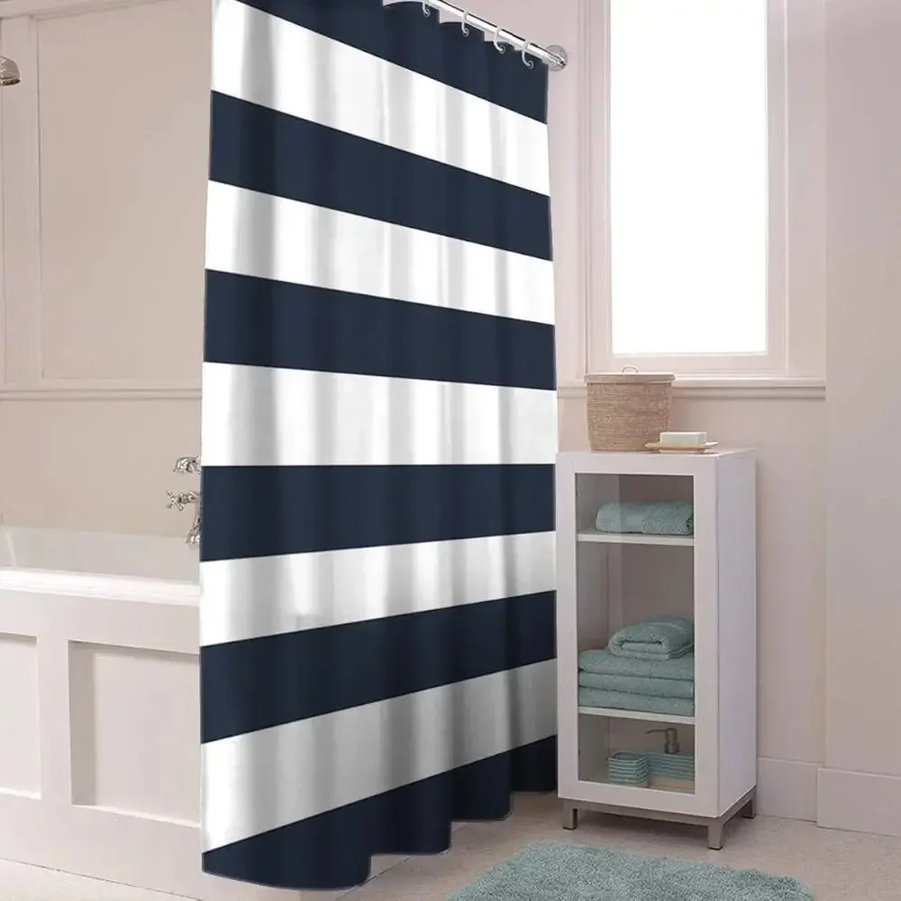 Nautical Stripe Design Navy & White Fabric Shower Curtain 70